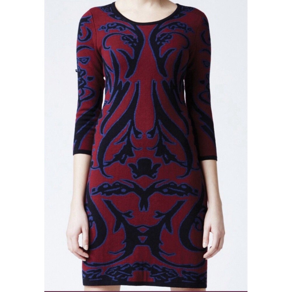 Leota MED Dress Shift Burgundy Knit Work Office Knee Length Fall Patterned